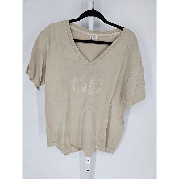 Fresh Produce Women's Tan V-Neck Short Sleeve Summer Flip Flop T-Shirt Size XL - Picture 1 of 4